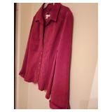 XL dressbarn Red suede leather shirt jacket, metal snap front closure, flip cuffs, decorative "X" detailing down front.