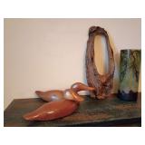 Organic-modern rustic home decor, Carved Wooden Avian Duck Sculptures with articulating heads, Live-Edge Hollow Log Vessel, and an Etched Pine Glass Cylinder.