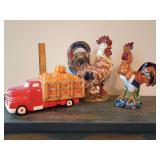 Pier 1 red truck pumpkin cookie jar, heavily textured, hand-painted glazed ceramic rooster, sleek, high-gloss glazed piece depicts a crowing rooster.