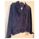XL LAL Live A Little Navy Blue Suede Leather Jacket, decorative vintage metallic snap closures down front, tailored blazer silhouette with structured notch lapels,  and side slit pockets.