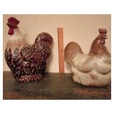 Rooster/Hen pair, glazed finishes in brown and white mottled patterns, soft, drippy. Very attractive.