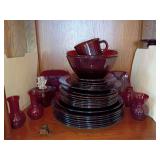 Anchor Hocking "Royal Ruby" vintage glass dinnerware, Kings Men lidded square jar, 2 square saucers, 4 bud vases,