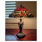 Tiffany style lamp with dragon fly and polished stone lampshade