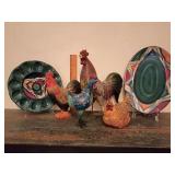 2 Gail Pittman platters, one egg, one oval, 3 roosters and a chicken.