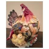 Hand-painted ceramic St. Andrews Rooster / Mother Hen cookie jar and soup tureen. 11" T x 11" L. Ladle missing, just started, may turn up.