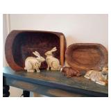 Rustic, farmhouse-style, 2 vintage-style wooden dough bowls, 2 resin chippy bunnies, 1 glossy glaze porcelain resting bull 1957, and 1 flat glazed porcelain resting bull.