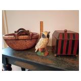 Asian-style woven willow basket. Chalkware owl, few chips. Tin tea caddy or storage box.