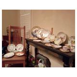 Beautiful Large Collection vintage decorative plates, bowls, teapot, teacups/saicers floral, fruit, scalloped edges, European. 24 pieces. Only pieces on table & chair.
