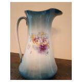 Victorian or Edwardian ceramic ewer pitcher, pansies, 13" T.