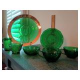 Paden City "Emerald Glo" green glass tray, atomic starburst. And, "Forest Green" glassware collection.