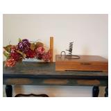Wooden box light finish (empty silverware box) 4"T x 21.25"L x 12"D couple of nicks. Cast iron spiral coil courting candle holder 6.5"T x 9 5"W, autumn floral door swag 20" x 11".