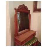 B.P.John Furn Co. Maple vanity with a swivel mirror and a single drawer, 25.75" T x 19.75" W x 7" D. Minimal wear marks. Other items not included.