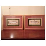 Rustic cabin decor, pair Rainbow Trout, framed art prints. Styled in a traditional Japanese Gyotaku (fish rubbing) or detailed nature watercolor format. Elegant double matting (black inner mat and gol
