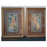 Pair of classic "Hares", by British Arts and Crafts, William De Morgan. Matching pair is elaborately displayed in ornate antique gold-finished frames with deep brown fabric matting, emphasizing a clas