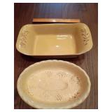 Cerutil Stoneware mustard yellow rectangular casserole dish and Gibson embossed fruit stoneware oval platter.