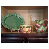 Distinctive, vintage-style ceramic tableware pieces with prominent majolica-style reliefs. Bordallo Pinheiro "Rabbit Green" serving platter 15.5"W. Mixed fruit centerpiece bowl 3D relief. World Bazaar
