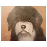 Framed custom pet portrait drawing of a black-and-white dog, rendered in pastel or charcoal on toned paper. The portrait depicts a dog that strongly resembles a Havanese or a similar long-coated compa