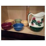 5 Longaberger Pottery Woven Traditions dessert and fruit bowls. And a Vallie Pate hand painted ceramic pitcher 6.5"T.
