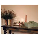 Ceramic planter finished in blended wood tones and vertical stripes, faux grass. Vintiquewise galvanized metal framed mirror tray with jute rope handles. Wooden 6 cubby caddy, handle. Porcelain Royal 