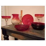 Large Amberina Pitcher Cut Glass Fan Design with Applied Glass Handle, 2 matching margarita glasses and 9 ruby red glass soup bowls.