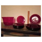 Anchor Hocking Royal Ruby Red glass 9", 6- luncheon 7.5" , 8- salad plates and a matching serving bowl.