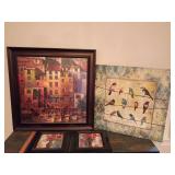 Decorative wall art, large with boats 29" x 29", large birds on wires silk screen/photo canvas 24" x 24", 2 small florals oil on canvas black frames 12" x 12" each.