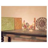 2 decorative wall art tin embossed tiles,  ceramic rooster and chicken vibrant blend of rose, green, and golden-yellow tones, and cast iron celestial sun face wall plaque.