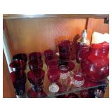Anchor Hocking "Royal Ruby", Roly-Poly Ball Pitcher, Windsor Stacked Tumblers, Teacups & Saucers, Clear Stemware, Cocktail Shaker, King