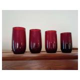 Anchor Hocking "Royal Ruby" roly-poly tumblers, 4 different sizes, 13 tallest, 2 next, 2 next, 2 next. See pics.