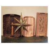 Dark brown wicker tray, integrated handles, acacia wood tray, French Quarter Tray  distressed, rustic metal finish and embossed details and, eight-pointed metallic starburst wall art.