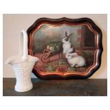 Toleware metal tray featuring a country rabbit scene 22" x 17.25", and a vintage Westmoreland White Milk Glass Daisy Design Basket Vase 13.25" T x 7.5" W x 5" D.
