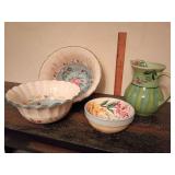 Certified International ceramic floral serving bowls, distinct scalloped rim and a pastel blue interior with painted roses. Southern Living "Provence" pattern small bowl and pitcher.