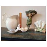Large antique white ironstone pitcher, some crazing. 3 hand-carved stone decorative eggs 2.75"L. Chrisdon resin farmer rabbit wall shelf. Pottery Barn double candy dish with Rabbit. And a Triple Calla