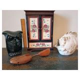 Vintage and eclectic rustic home decor. Apropos Ceramic Owl Figurine dark blue, Miniature Storage Cabinet, Wooden Shoe Tree/Stretcher, Ceramic Fish figurine whitewashed rustic clay.