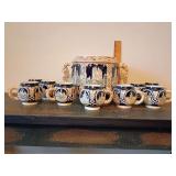 German salt-glazed stoneware punch bowl set (missing lid), 9 mugs. Used to serve hot mulled wine during Christmas or chilled fruit-and-wine punch during the summer. Depictions of famous historic Germa