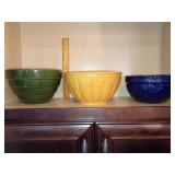Beautiful trio of vintage stoneware mixing and utility bowls. Green Beehive Mixing Bowl, Yellow/Tan Leaf Motif Bowl, Cobalt Blue Fruit-Design Bowl.