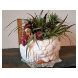 Large white ceramic hen/rooster/chicken planter, textured feather design, filled with  lively faux greenery and thistles, with doilie. Festive farmhouse table centerpiece. 14"L x 11"T x 10"W.