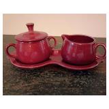 Vintage Homer Laughlin 4 piece Sugar with lid Creamer & Tray Fiesta Set USA, Cinnabar.