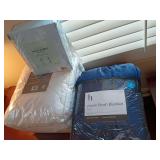 1 New king sheet set solid light blue. 1 New king mattress pad. And, 1 New king plush navy blanket.