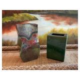 Iridescent decor piece 10 1/4 x 5 1/2” and a vintage green vase 7” x 5”
