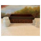 Three piece grouping ; vintage white milk glass bottle, LG Wright, three faces sisters, frosted satin glass salt and pepper shakers no lids and a 13 1/2” x 6 1/2” x 4” wooden box