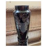 13“ x 6“ Deco Czech black glass vase, etched flowers with silver overlay.
