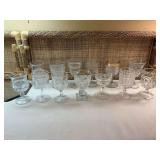 Mixed grouping of footed stemware. Fostoria, King’s Crown thumbprint and much more. Total of 13.