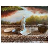 Group of miscellaneous decor: including three soap dishes- one soapstone and one copper. Porcelain bird, 6 inch copper planter and a candle holder.