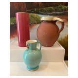 3 Vintage pitchers/vase. Wedgwood 5” Teal, 6 1/2” pottery and 7 1/4” vase-Japan. See photos