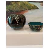 Enamel Cloisonne 5 inch vase with no lid and 3 1/2 inch bowl