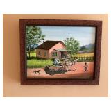 21“ x 17“ Black and brown framed Oil painting on canvas board by Rose Marie. Farmer and produce.