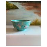 Vintage Chinese Jingdezhen turquoise bowl 2 1/4” x 4 1/2” some fading on flowers