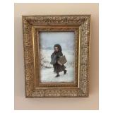 15“ x 19“ Ornate gold framed￼ antique paper painting of girl with basket. Bowiges