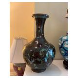 12 1/2 inch vintage cloisonné vase.. Black with floral. 12 1/2” x 8” damaged spot as shown